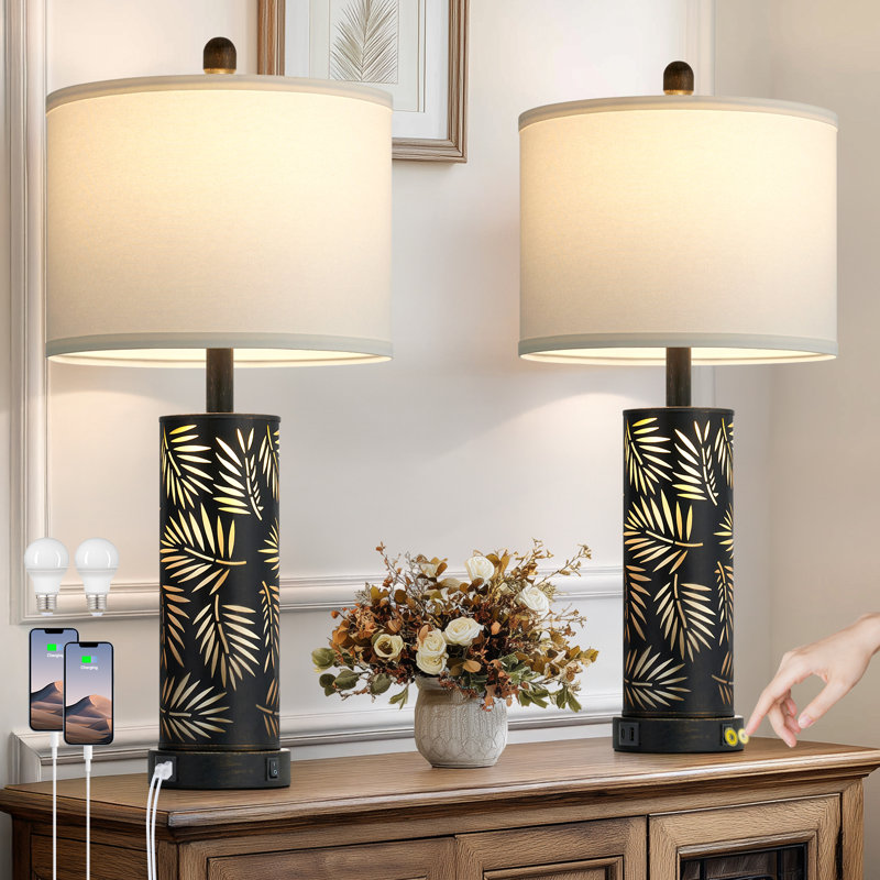 Lampes de chevet 27 po avec motif décoratif, ports de charge USB et ampoules DEL incluses, Feuille à fronde noire
