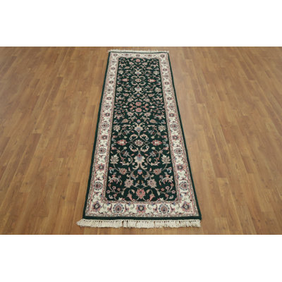 Timeless Green Runner with Ornate Floral Motifs and Border Rug 3x8