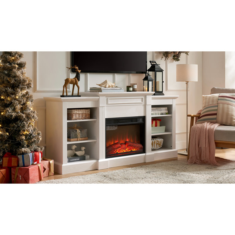Media Console Table with Large Storage Cabinet, with 23" Fireplace Insert, for TV Up to 70'', Modern TV Media Entertaionment Stand, White, 65.75"W*17"D*32.48"H