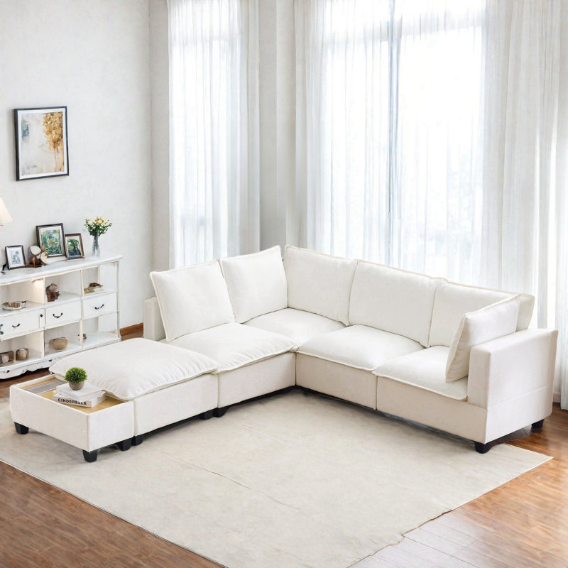 U-shaped Sectional Sofa Couch With A Movable Ottoman And A Coffee Table With Hidden Charging Devices, White