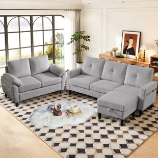 77.17 " 3 Piece Corduroy Sofa Set with Storage Ottoman & Loveseat