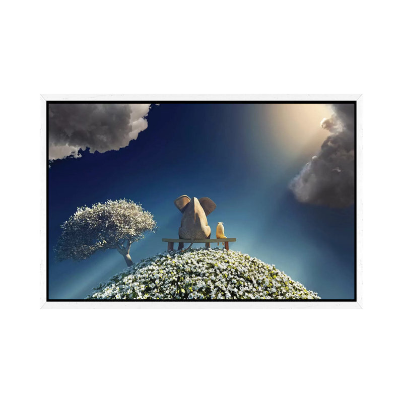Elephant and Dog Sitting on a Spring Planet 1 Piece Wall Art on Canvas, 101.6 cm H x 66.04 cm W, White Framed Canvas
