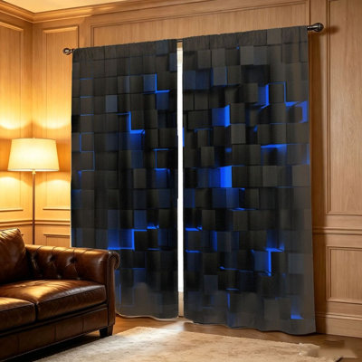 2Pcs 2D Geometric Cube Curtains, Futuristic Dark Blue and Black Abstract Design, Light Filtering Privacy Protection, Rod Pocket for Living Room, Bedroom, Balcony Home Decoration