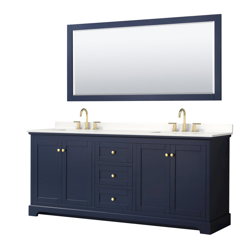 Avery 72'' Double Bathroom Vanity with Quartz Top, Dark Blue, Giotto Quartz, Brushed Gold