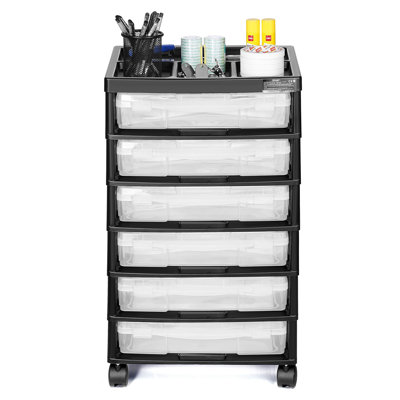Chariot de rangement à roulettes Scrapbook grande capacité 6 niveaux avec 6 caisses transparentes noir