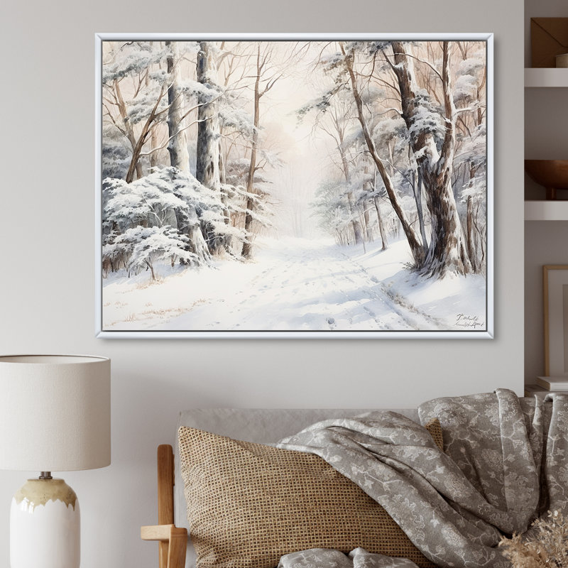 Hiver, forêt, charme de neige, paysage - neige, art mural, H 30 po x l 40 po x P 1,5 po, Cadre flottant blanc