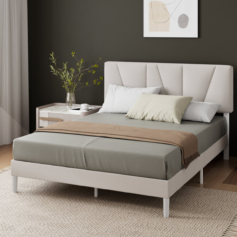 Beda Upholstered Bed Frame with Padded Tufted Headboard, Off-White, Double (4'6)
