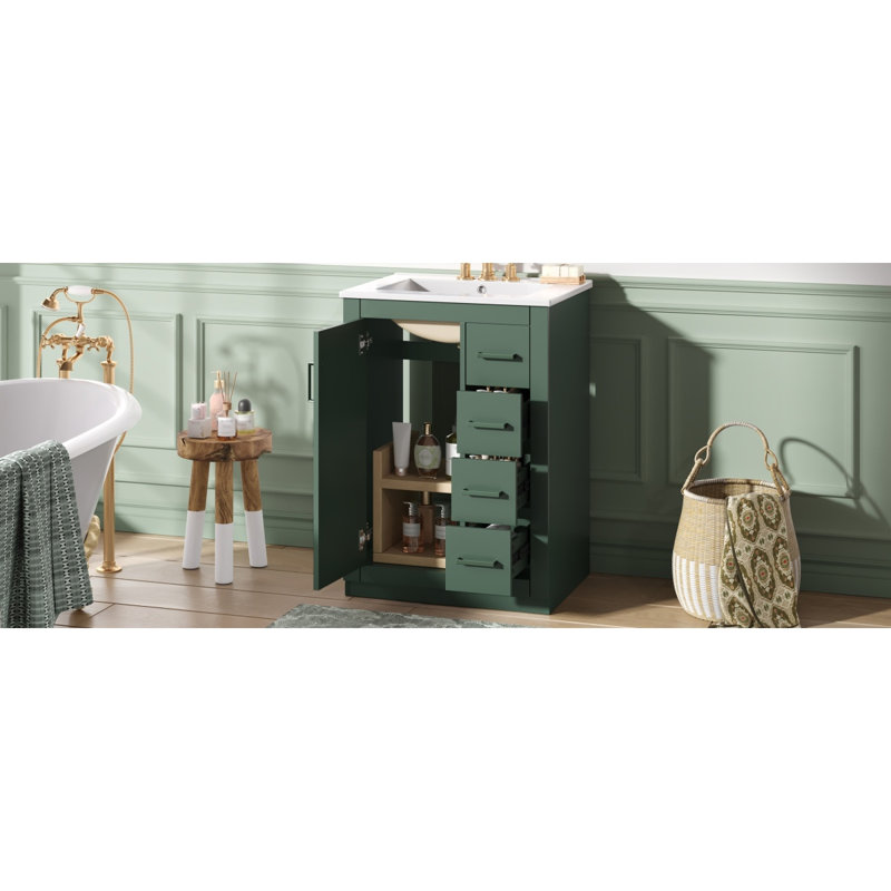 Meuble-lavabo 24 po avec lavabo intégré en céramique, meuble-lavabo simple avec 1 porte et 3 tiroirs pour salle de bain petite et moyenne, vert