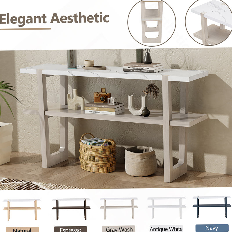 Retro Elegant Console Table with Marble-Effect Top, Gray Wash
