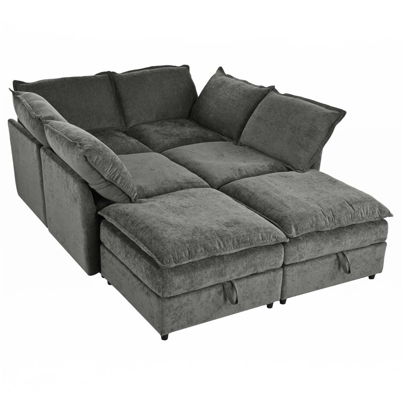 6-Piece Modular Sofa Bed With Storage, Gray Polyester