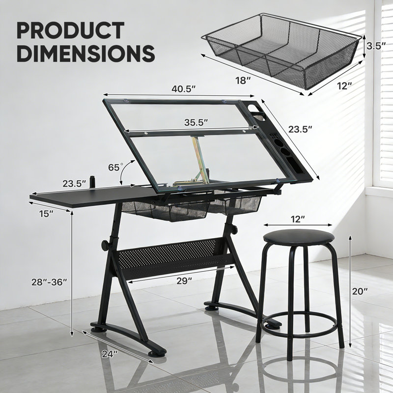 Table de dessin avec plateau coulissant et plateau en verre trempé