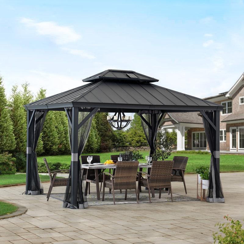 10x12 Black Aluminum and Steel Hardtop Gazebo with Solar Panel and Netting