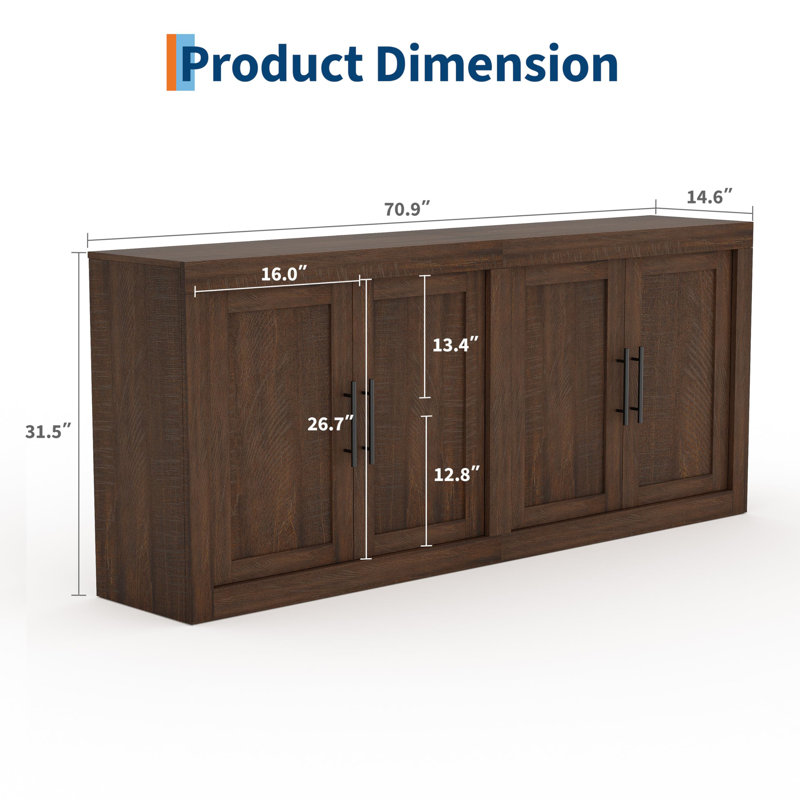 Buffet 71 po blanc moderne 71 po - 4 portes en verre, armoire de rangement haute polyvalente pour salle à manger, salon, cuisine, vestibule - console en bois épais