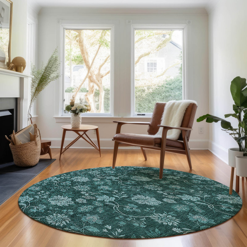 Premium Machine Washable Prisco Teal Rug, Round 8'