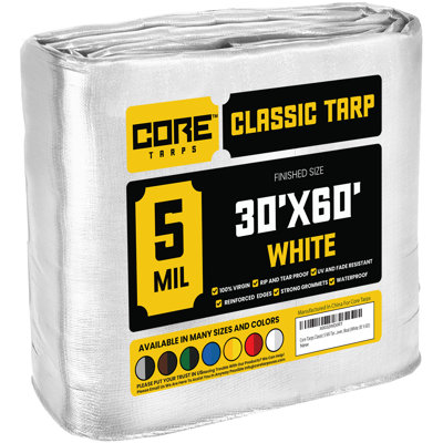 Classic 5 Mil 30' X 60', White, Tarpaulin Cover, Waterproof, UV Resistant, Rip and Tear Proof, Poly Tarp with Reinforced Edges for Roof, Patio, Pool Cover, Boat