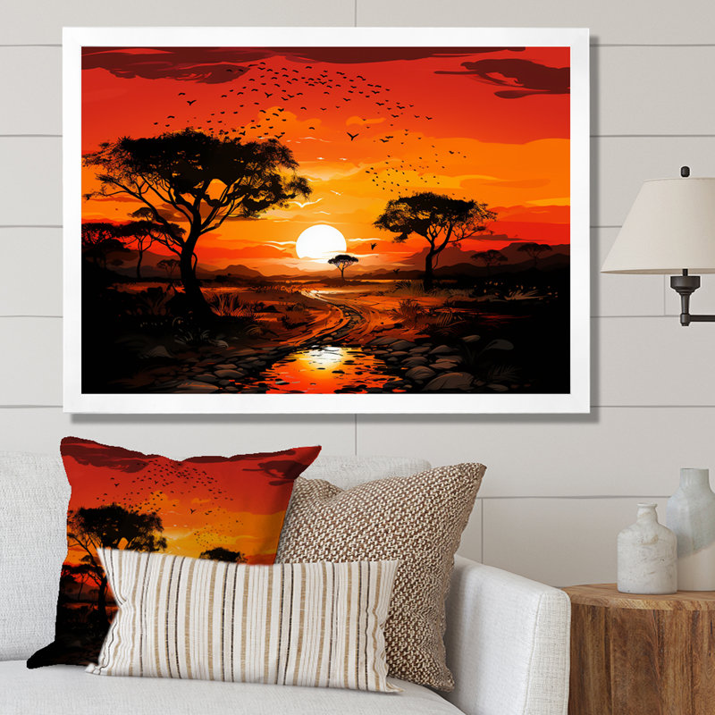 Arbre africain, safari au coucher du soleil - art mural Baobab, Cadre de coin blanc fermé, H 34 po x l 44 po x P 1,5 po
