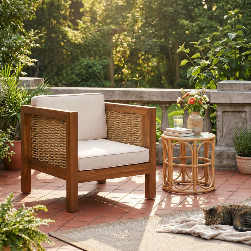 Outdoor Club Patio Chair with Cushions, Teak Wicker/Teak Finish, 1