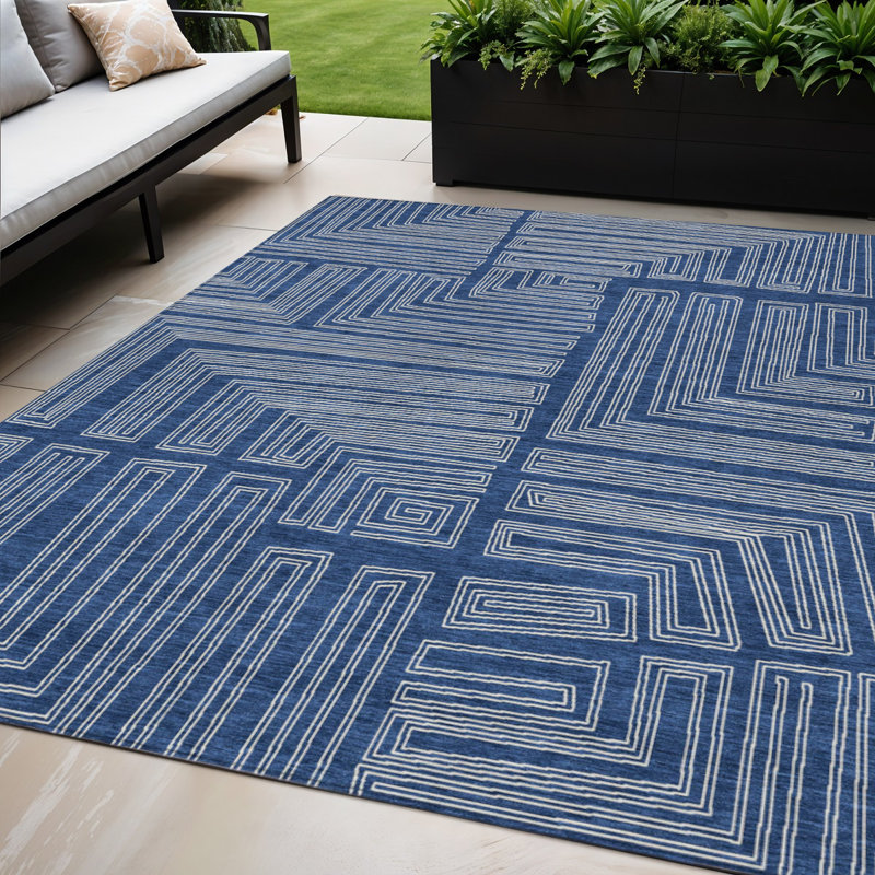 5' X 8' Navy Blue Geometric Washable Indoor Outdoor Area Rug