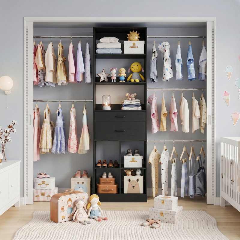 38.9-48.9”Closet System With Adjustable Rods & Drawers, Black