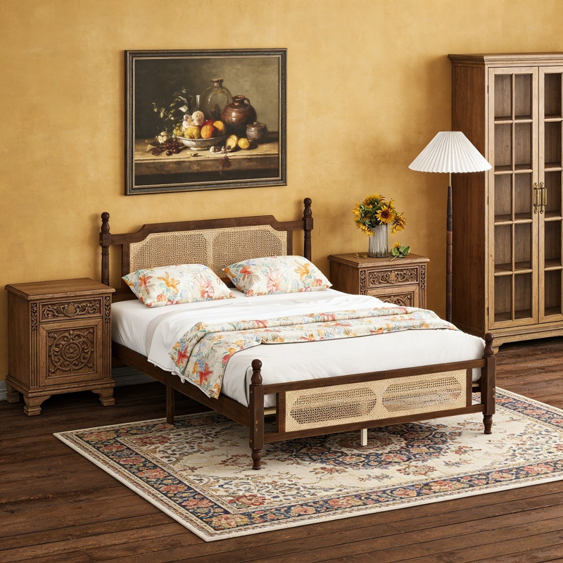 Pine Wood Platform Bed, Bed With Rattan Headboard & Footboard, Central Enhanced Bed Platform Design,No Box Spring Required