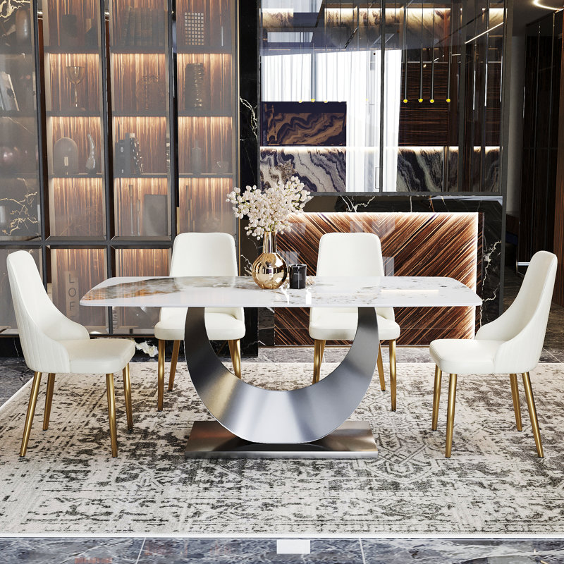 Aretzi  6 - Person Sintered Stone Tabletop Dining Table Set With Upholstered Pu Leather Chairs, Marble White
