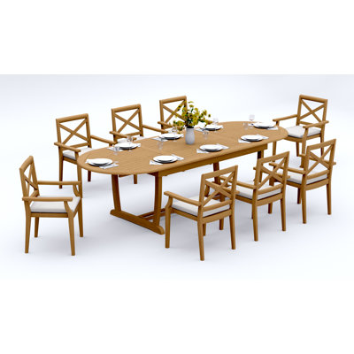 Ensemble de salle à manger 9 pièces en bois de teck de qualité A: table de chevet ovale à tréteaux à double rallonge de 118 po et 8 chaises à accoudoirs empilables Damarrea # 11GR2708
