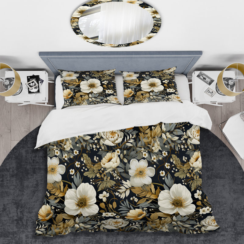 Ensemble de housse de couette beige et noir à motif de fougères Dahlia, Housse de couette pour très grand lit et 2 très