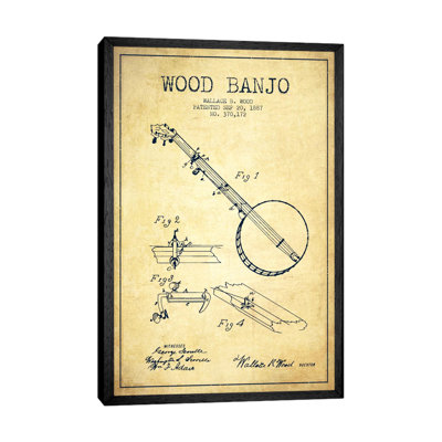 Wood Banjo Vintage Patent Blueprint 1 Piece Wall Art on Canvas