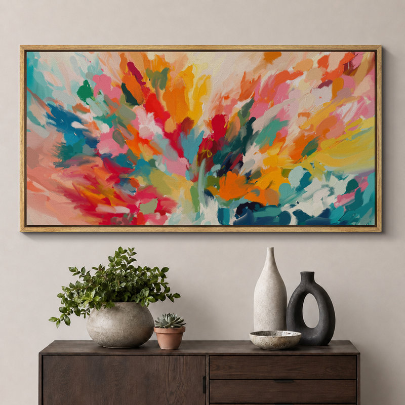 Colorful Burst Bright Abstract Living Room Decor Extra Large Pictures Framed Canvas Print Wall Art, 30" H x 60" W, Natural