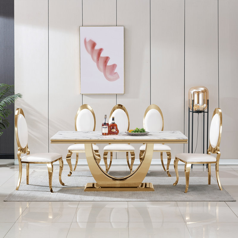 Printed Marble Mdf Top Rectangular Dining Table Marble Top Metal Base Dining Table, White, Gold