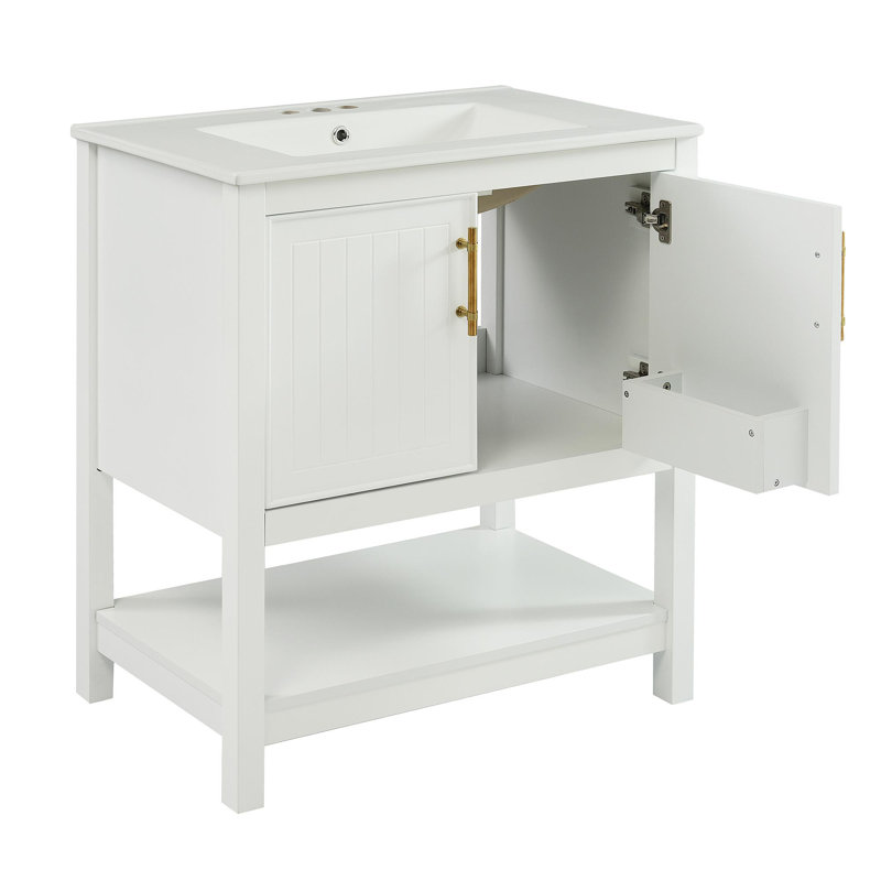 Meuble-lavabo blanc de 30 pouces avec lavabo en céramique et rangement polyvalent - idéal pour les petites salles de bain