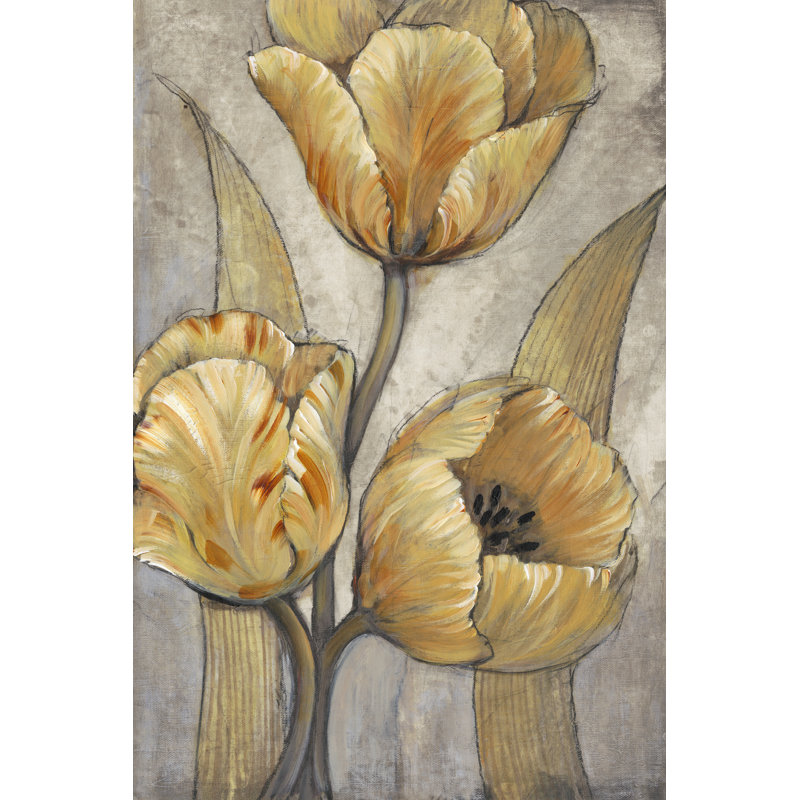 «Ochre et tulipes grises I» par Timothy O Toole - peinture sur toile tendue, H 12 po x l 8 po x P 1,25 po