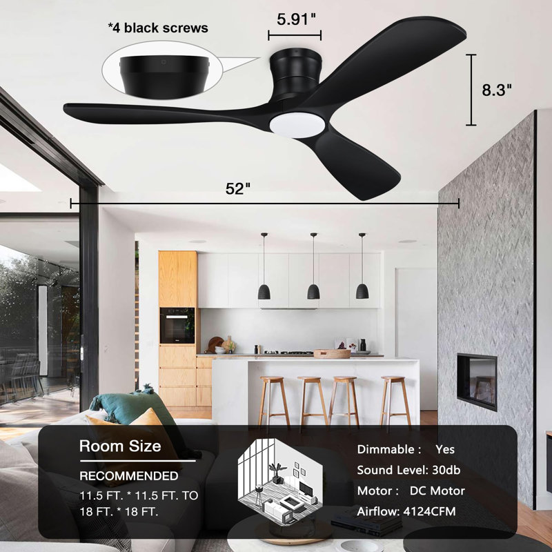52 Inch Smart Wood Low Profile Ceiling Fan with Lights Remote, Black Wood, Black Wood