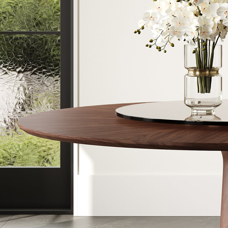 Table de salle à manger en bois 47 pouces avec plateau tournant en verre trempé 23 pouces
