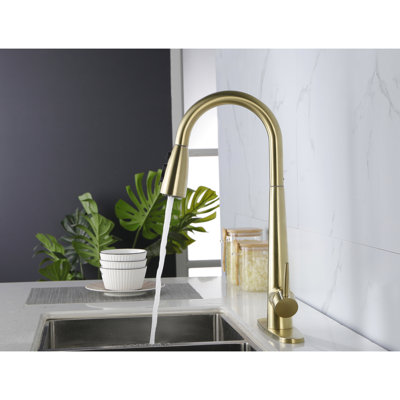 Gold Kitchen Faucet With Pull Down Spray Feature - Fingerprint, Deck Mounted Single Hole, 360 Rotatable Jet Nozzle, High Stainless Steel In Golden Tone , Rotating Head,