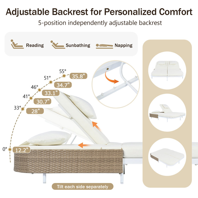 Outdoor Daybed, Patio Rattan Daybed with 5-Position Adjustable Backrest and Removable Cushions&Pillows, White