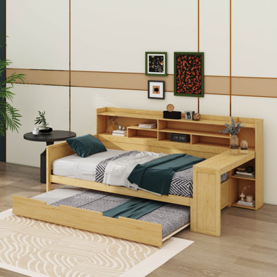 Lit de jour flexible en bois avec tablettes de rangement gigogne et bureau d'étude intégré