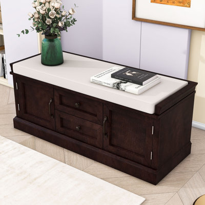 Storage Bench with 2 Drawers, 2 Cabinets and Removable Cushion for Entryway
