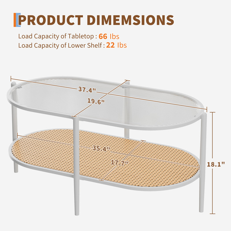 37" Oval Rattan Coffee Table with 2-Tier Storage & Glass Top | Tempered Glass, Metal Frame for Living Room & Lounge, White