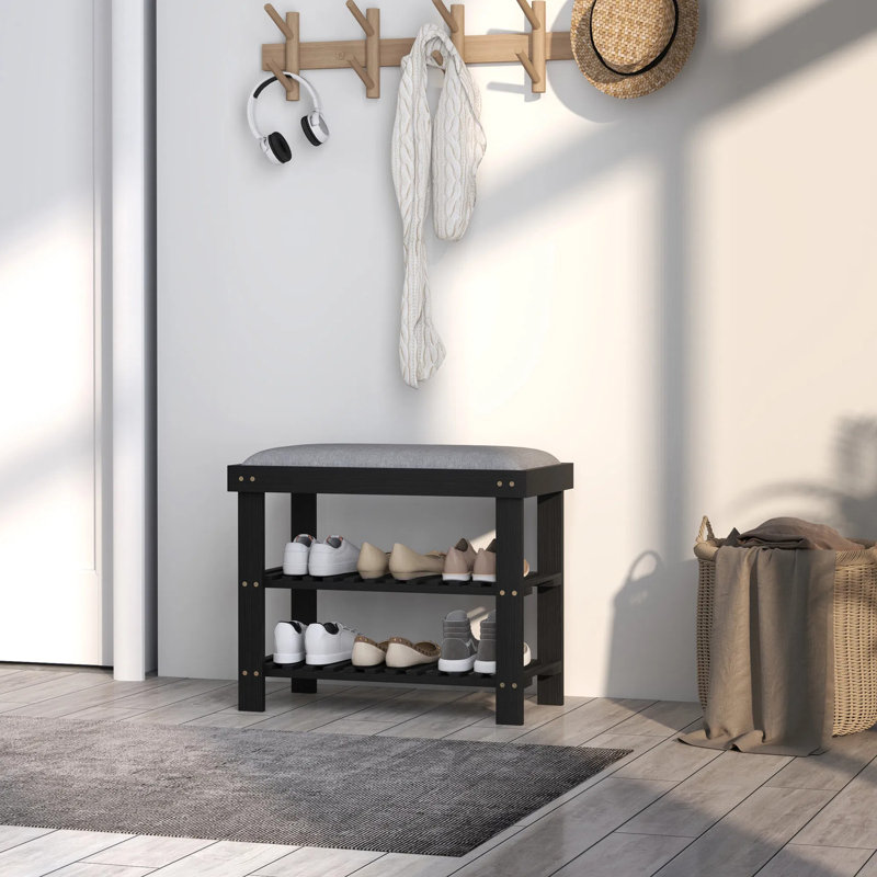 Black 3-tier Bamboo Shoe Storage Bench, Entryway Shoe Organizer Bench With Soft Thick Cushion, Ventilated Slatted Shelf Heavy Duty Comfort Seat Design For Entryway Hallway Home Furniture