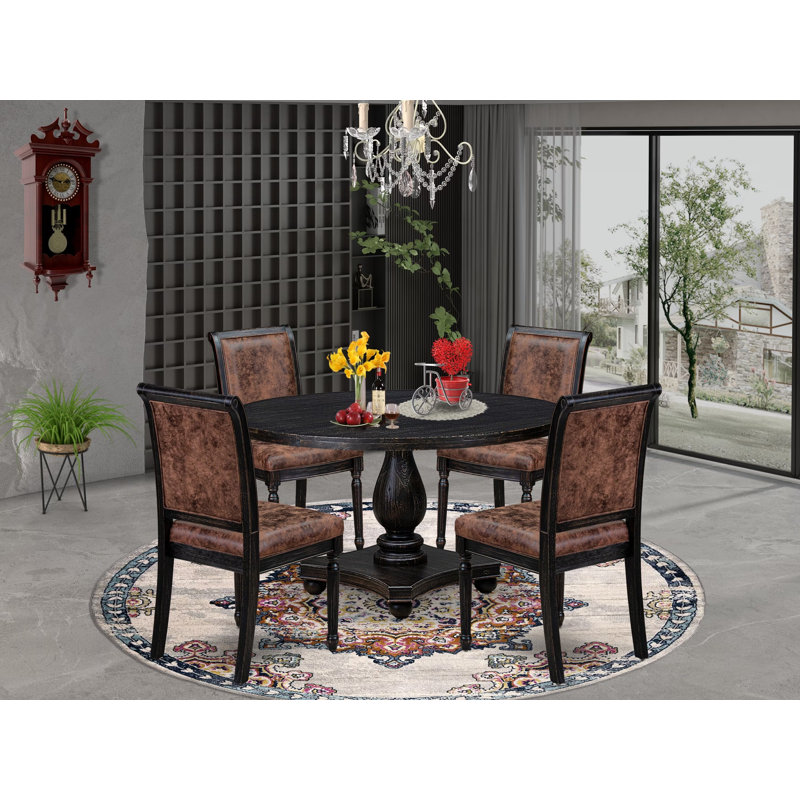 L'ensemble de table de salle à manger 5 pièces se compose d'une table ronde en bois et de 4 chaises en polyester texturé brun avec dossier haut, finition noire sablée.