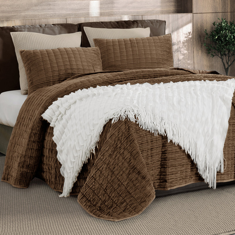 Cocoa Brown Queen Velvet Quilt Set with Pillow Shams
