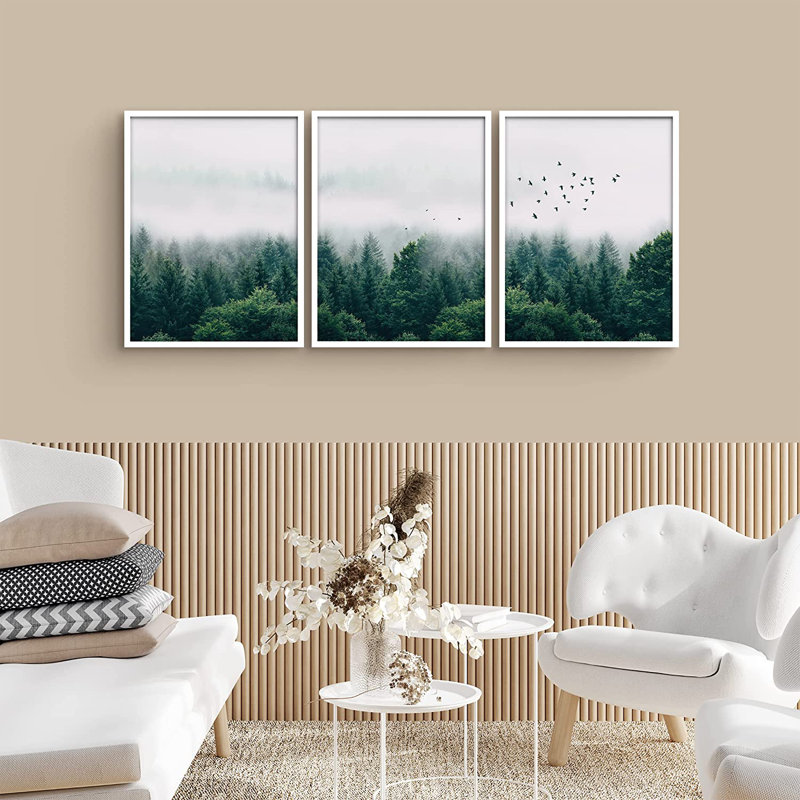 Birds Fly Over Cloudy Forest - Photographie de cadre 3 pièces, Blanc
