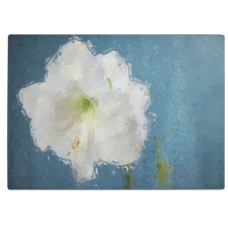 Tempered Glass White Amaryllis Flower in Abstract Chopping Board, 28.5 cm W x 20 cm L