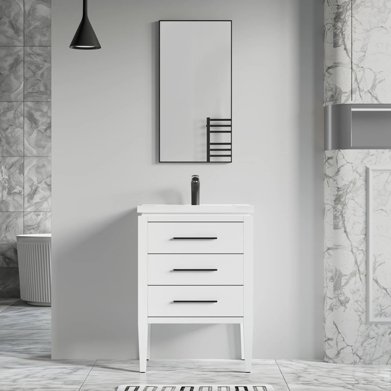 Stewie 24'' Single Bathroom Vanity with White Ceramic Top – Soft Close Drawers & Freestanding Design, White/Black