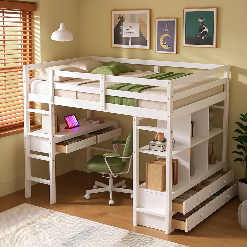 Lit mezzanine double avec bureau intégré, tiroirs et tablettes de rangement, lit station de travail en bois massif pour enfants, adolescents et adultes, blanc