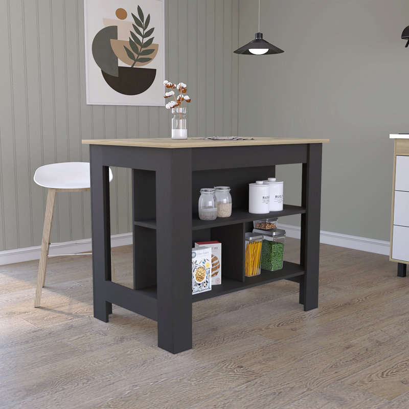Îlot de cuisine, quatre pieds, trois tablettes, Noir/naturel