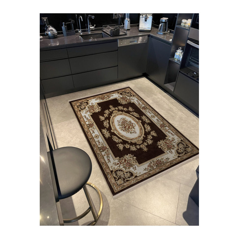 Tapis décoratif lavable à la machine à motif floral beige, Tapis de couloir 2 pi 6 po x 9 pi 10 po