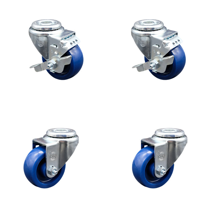 SS Solid Polyurethane Wheel Swivel Bolt Hole Caster Set with 2 Brake