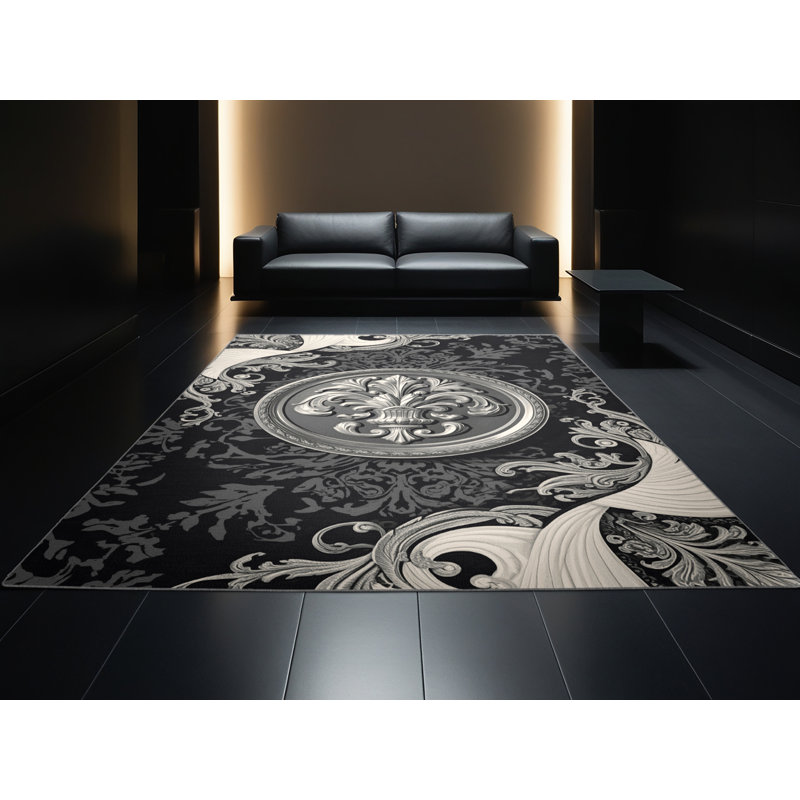 Machine Washable Cain Silver Medal Classic Damask Rug in Gray – Gray Binding, 8x12